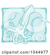 Poster, Art Print Of Blue Woodcut Style Design Of A Squid