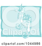 Royalty Free RF Clipart Illustration Of A Blue Woodcut Style Design Of Seahorses
