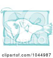 Poster, Art Print Of Blue Woodcut Style Design Of An Angler Fish