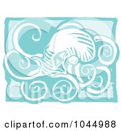 Poster, Art Print Of Blue Woodcut Style Design Of An Octopus