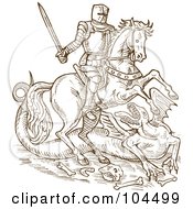 Poster, Art Print Of Brown Sketched Knight On His Steed Battling A Dragon