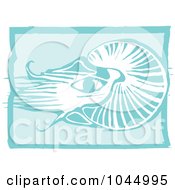 Poster, Art Print Of Blue Woodcut Style Design Of A Nautilus