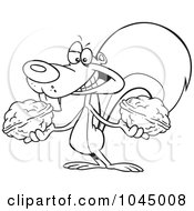 Royalty Free RF Clip Art Illustration Of A Cartoon Black And White Outline Design Of A Squirrel Holding Two Nuts