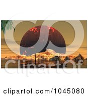 Royalty Free RF Clip Art Illustration Of A 3d Render Of A Huge Fiery Sun Behind A Rugged Island