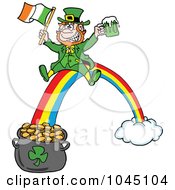 Leprechaun Holding Beer And An Irish Flag While Sliding Down A Rainbow