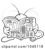 Royalty Free RF Clip Art Illustration Of A Black And White Outline Of A Bug Reading The News