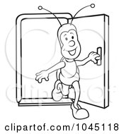 Royalty Free RF Clip Art Illustration Of A Black And White Outline Of A Bug Walking Out A Door by dero