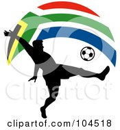 Poster, Art Print Of Silhouetted Soccer Player Kicking A Ball Under An Arched South African Flag