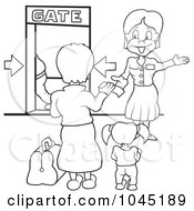 Poster, Art Print Of Black And White Outline Of A Girl And Mom Looking At A Flight Gate