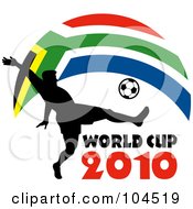 Royalty Free RF Clipart Illustration Of A Silhouetted Soccer Player Kicking A Ball With World Cup 2010 Text And A South African Flag by patrimonio