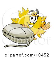 Clipart Picture Of A Sun Mascot Cartoon Character With A Computer Mouse