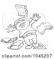Royalty Free RF Clip Art Illustration Of A Black And White Outline Of A School Boy With Supplies