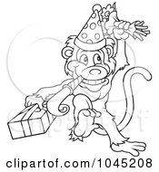 Poster, Art Print Of Black And White Outline Of A Birthday Monkey Celebrating