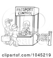 Royalty Free RF Clip Art Illustration Of A Black And White Outline Of People At A Passport Control Booth