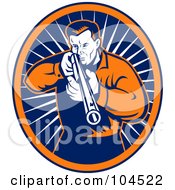 Royalty Free RF Clipart Illustration Of A Blue And Orange Rifle Shooter Logo
