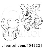 Poster, Art Print Of Black And White Outline Of A Cat Scaring A Dog