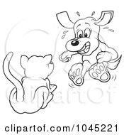 Royalty Free RF Clip Art Illustration Of A Black And White Outline Of A Cat Scaring A Dog