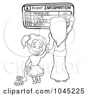 Royalty Free RF Clip Art Illustration Of A Black And White Outline Of A Girl And Mom Looking At Flight Information