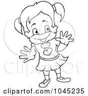 Royalty Free RF Clip Art Illustration Of A Black And White Outline Of A Girl Holding Her Hands Up