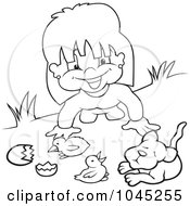 Poster, Art Print Of Black And White Outline Of A Girl Playing With Animals