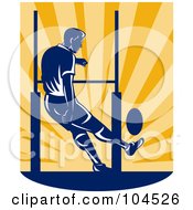 Royalty Free RF Clipart Illustration Of A Rugby Football Player Kicking Over Sun Rays