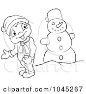 Royalty Free RF Clip Art Illustration Of A Black And White Outline Of A Boy By A Snowman by dero