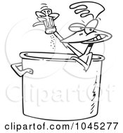Poster, Art Print Of Cartoon Black And White Outline Design Of A Chicken Seasoning Himself In A Soup Pot