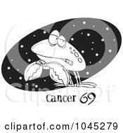 Royalty Free RF Clip Art Illustration Of A Cartoon Black And White Outline Design Of A Cancer Crab Over A Starry Black Oval by toonaday