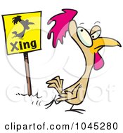 Royalty Free RF Clip Art Illustration Of A Cartoon Chicken Crossing By A Sign
