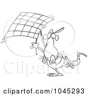 Poster, Art Print Of Cartoon Black And White Outline Design Of A Rat Carrying A Checkered Flag