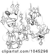 Royalty Free RF Clip Art Illustration Of A Cartoon Black And White Outline Design Of Cats And Dogs Raining Down by toonaday