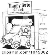 Poster, Art Print Of Cartoon Black And White Outline Design Of A Car Driving Through An Auto Wash
