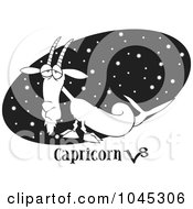 Poster, Art Print Of Cartoon Black And White Outline Design Of A Capricorn Sea Goat Over A Starry Black Oval