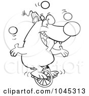 Royalty Free RF Clip Art Illustration Of A Cartoon Black And White Outline Design Of A Circus Bear Juggling On A Unicycle