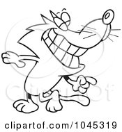 Royalty Free RF Clip Art Illustration Of A Cartoon Black And White Outline Design Of A Cat Looking Back And Grinning by toonaday