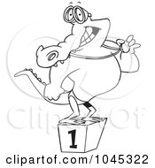 Royalty Free RF Clip Art Illustration Of A Cartoon Black And White Outline Design Of A Champion Alligator Swimmer