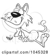 Royalty Free RF Clip Art Illustration Of A Cartoon Black And White Outline Design Of A Cat With A Bird In His Mouth