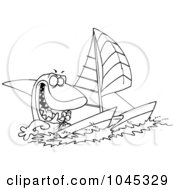 Poster, Art Print Of Cartoon Black And White Outline Design Of A Shark Sailing A Catamaran