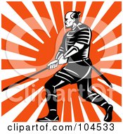 Royalty Free RF Clipart Illustration Of A Samurai Warrior Over An Orange Sun Burst