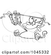 Poster, Art Print Of Cartoon Black And White Outline Design Of A Cat Opening A Christmas Gift