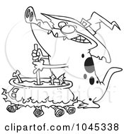 Royalty Free RF Clip Art Illustration Of A Cartoon Black And White Outline Design Of A Witch Alligator Sitrring A Cauldron by toonaday