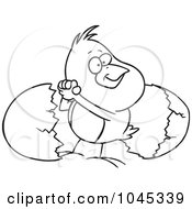 Royalty Free RF Clip Art Illustration Of A Cartoon Black And White Outline Design Of A Victorious Chick By An Egg Shell by toonaday