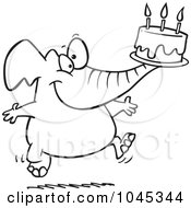 Poster, Art Print Of Cartoon Black And White Outline Design Of A Birthday Elephant Carrying A Cake
