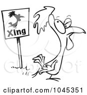 Royalty Free RF Clip Art Illustration Of A Cartoon Black And White Outline Design Of A Chicken Crossing By A Sign