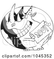 Royalty Free RF Clip Art Illustration Of A Cartoon Black And White Outline Design Of A New Year Rhino Holding A Sign