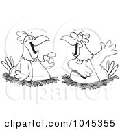 Royalty Free RF Clip Art Illustration Of A Cartoon Black And White Outline Design Of Chatting Chickens by toonaday