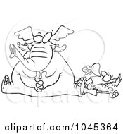 Royalty Free RF Clip Art Illustration Of A Cartoon Black And White Outline Design Of An Elephant Sitting On A Mans Chest