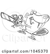 Poster, Art Print Of Cartoon Black And White Outline Design Of A Beaver Using A Chainsaw