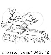 Cartoon Black And White Outline Design Of A Clam Playing A Clam Surfing