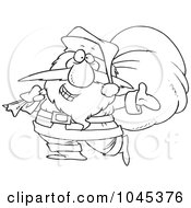 Royalty Free RF Clip Art Illustration Of A Cartoon Black And White Outline Design Of Santa Happily Carrying A Sack